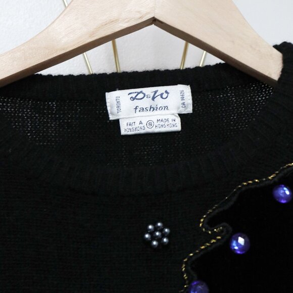 80s Black Angora & Wool Sweater w/ Abstract Asymmetric Applique Rhinestone - Picture 6 of 8